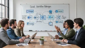 Team meeting with whiteboard showing social media workflow redesign incorporating AI tools at different stages