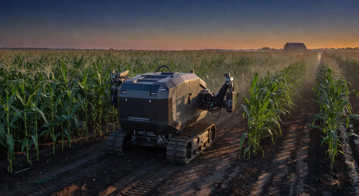 Autonomous farming robot working between crop rows in a futuristic but real agricultural setting with dawn lighting