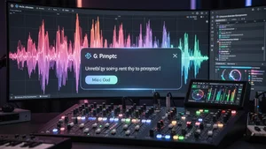 AI music studio with waveforms, a song prompt box and mixing controls