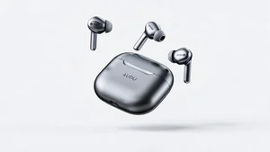 Close up of premium AI translation earbuds on a charging case, modern product photography with a clean white background