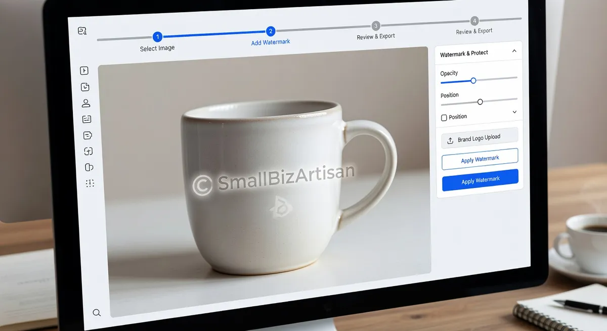 Watermark being applied to product image on screen showing branded protection workflow, clean professional interface