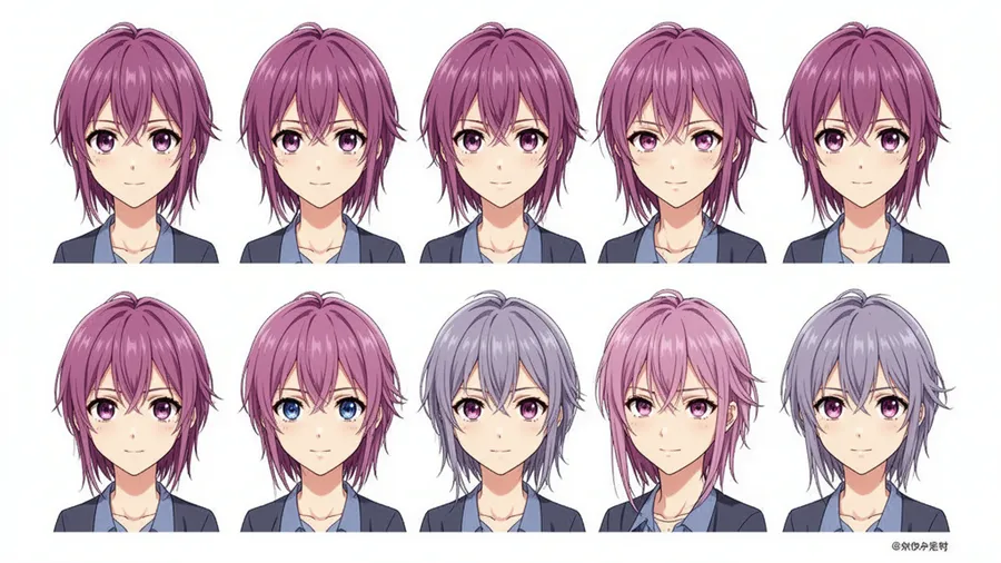 Multiple poses of same anime character showing perfect consistency in facial features and style