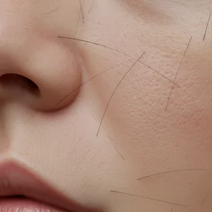 Close up showing AI generated photorealistic skin texture and hair detail at high resolution