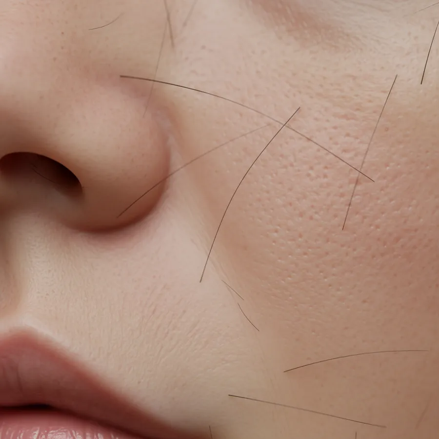 Close up showing AI generated photorealistic skin texture and hair detail at high resolution