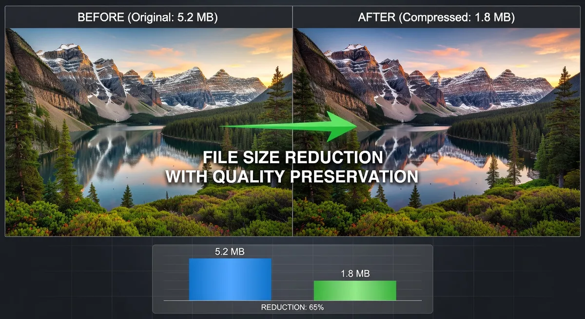 Image compression workflow showing dramatic file size reduction while maintaining visual quality