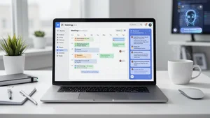AI productivity workspace with tasks, calendar, meeting notes and an assistant panel