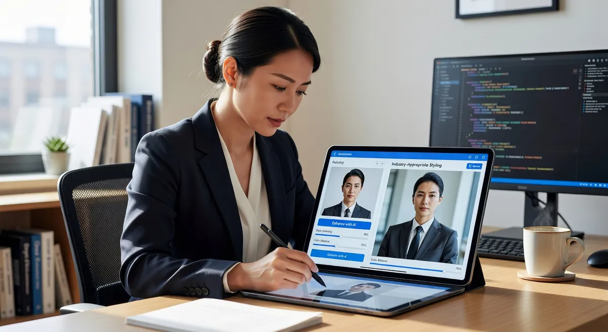 Service professional using AI filter tool to enhance profile photo with industry-appropriate styling, professional workspace setting