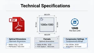 A technical specification graphic showing optimal dimensions, file formats, and compression settings for LinkedIn carousels
