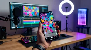 Smartphone displaying vertical video content on TikTok and Instagram Reels interface with social media engagement metrics visible