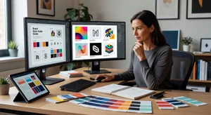 A creative professional at a dual monitor setup reviewing a complete brand style guide with graphic design trend applications shown as mock social media posts, with design tools and color palettes visible, professional creative workspace