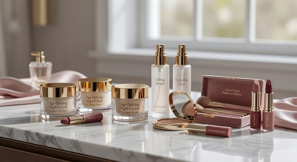 Mature skincare and makeup products arranged elegantly