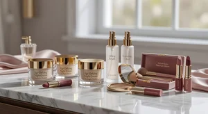 Mature skincare and makeup products arranged elegantly
