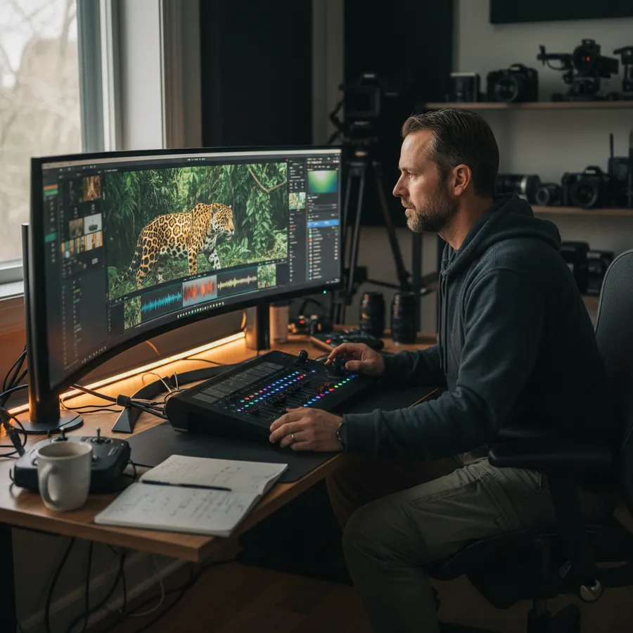Videographer carefully examining video quality on professional display