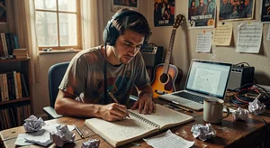 Musician working on songwriting with notebook and headphones in creative studio space