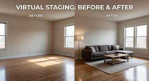 Empty room transforming into AI-furnished living space showing virtual staging before and after