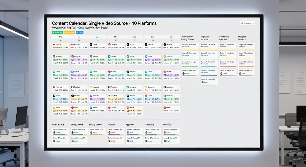 Workflow diagram showing the complete AI repurposing pipeline from master video upload through automated editing, metadata generation, watermark removal, and multi-platform distribution