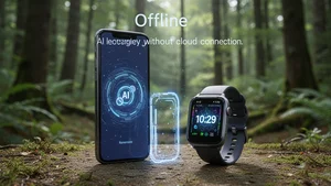 Smartphone and smartwatch running AI locally in nature without cloud connection showing offline capability