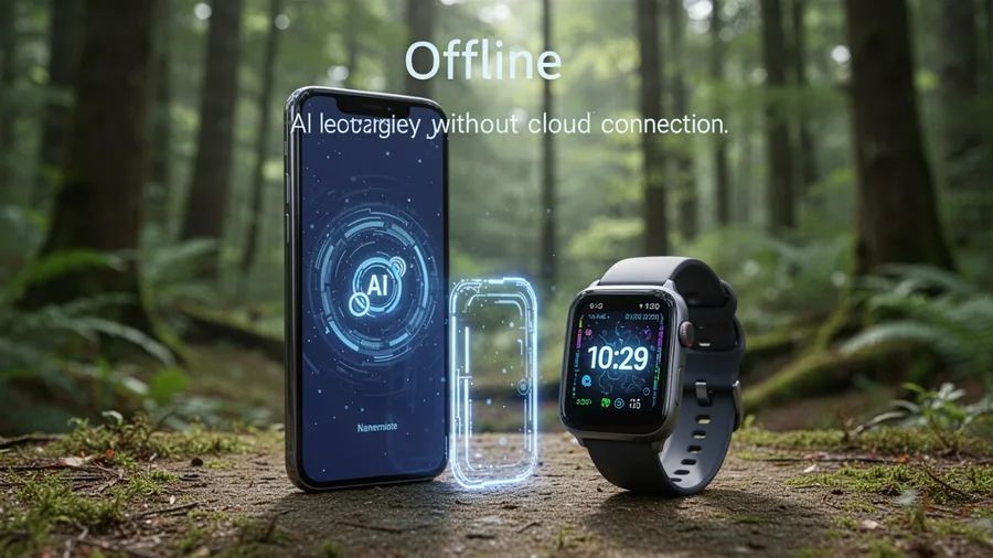Smartphone and smartwatch running AI locally in nature without cloud connection showing offline capability