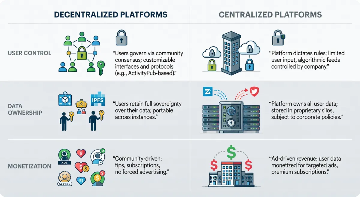 Comparison of decentralized vs centralized social media platforms showing user control, data ownership, and monetization differences