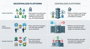 Comparison of decentralized vs centralized social media platforms showing user control, data ownership, and monetization differences