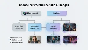 A strategic decision tree diagram in stylized form showing how to choose between photorealistic and stylized AI images based on brand goals and audience needs