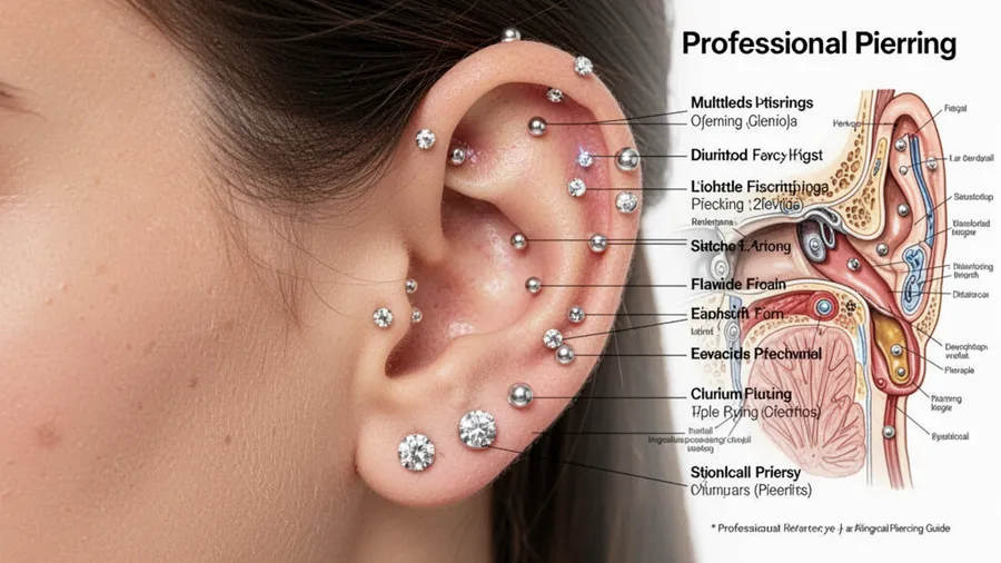Close-up of ear anatomy showing multiple piercing placement options and positions