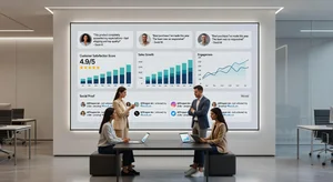 A marketing team gathered around a large screen displaying a UGC content calendar, showing a workflow from customer submission through rights clearance, curation, and deployment across multiple brand channels, with quality score indicators and engagement predictions