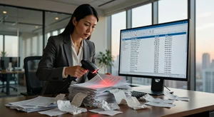 A business professional photographing a stack of paper invoices and receipts, with extracted financial data appearing in a spreadsheet on screen, showing organized columns with vendor names, amounts, and dates