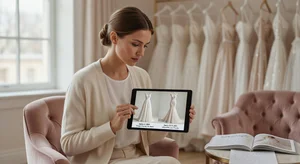 Bride using virtual wedding dress try-on on tablet