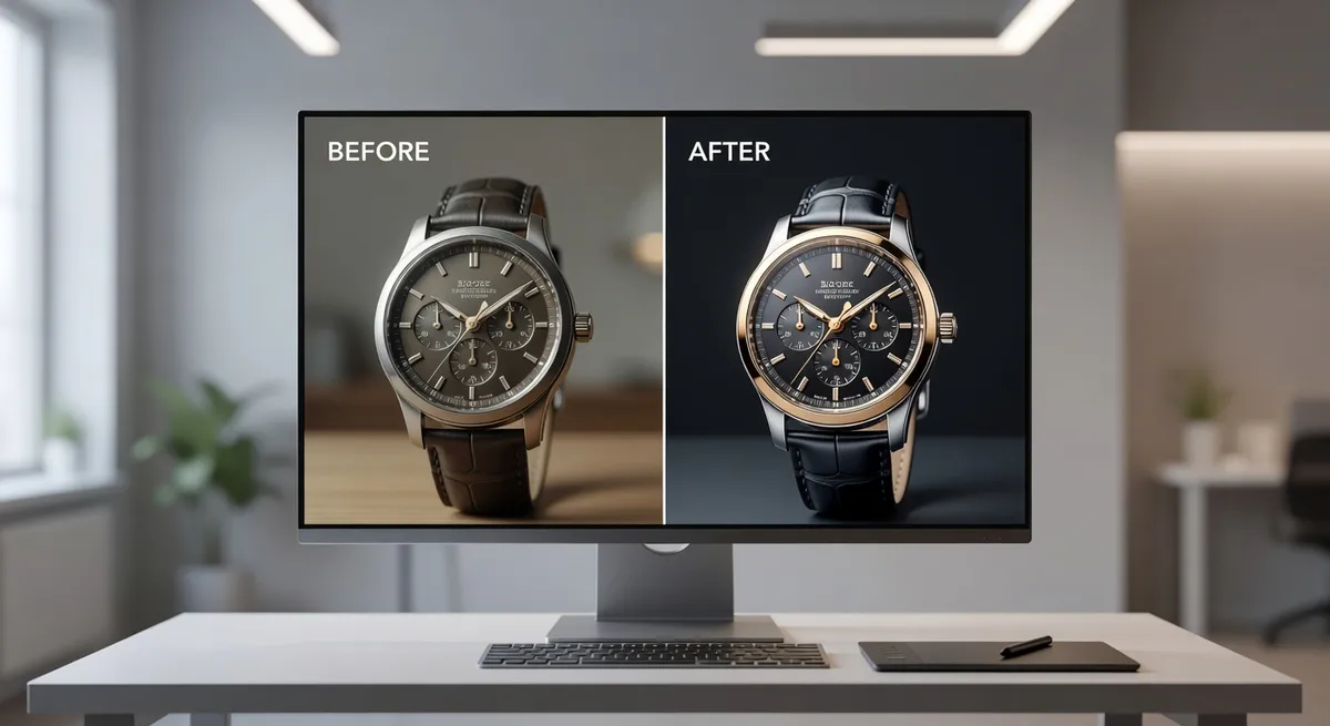Before and after product photo enhancement showing polished editing results, professional imagery on monitor screen