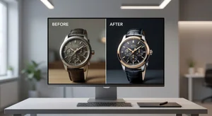Before and after product photo enhancement showing polished editing results, professional imagery on monitor screen