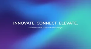 A stunning animated gradient hero section for a website showing smooth color transitions from deep purple to electric blue to teal, with modern typography overlay