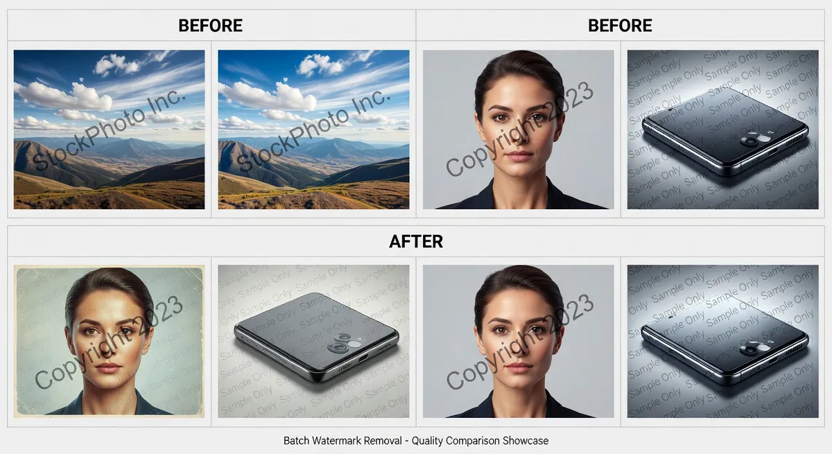 Before and after grid showing multiple images with watermarks successfully removed in batch