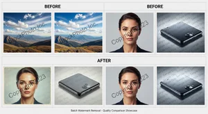 Before and after grid showing multiple images with watermarks successfully removed in batch