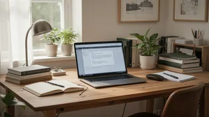 Peaceful organized workspace with single laptop in calm productive environment