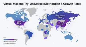 World map visualization showing virtual makeup try-on market distribution and growth rates across different regions with percentage markers