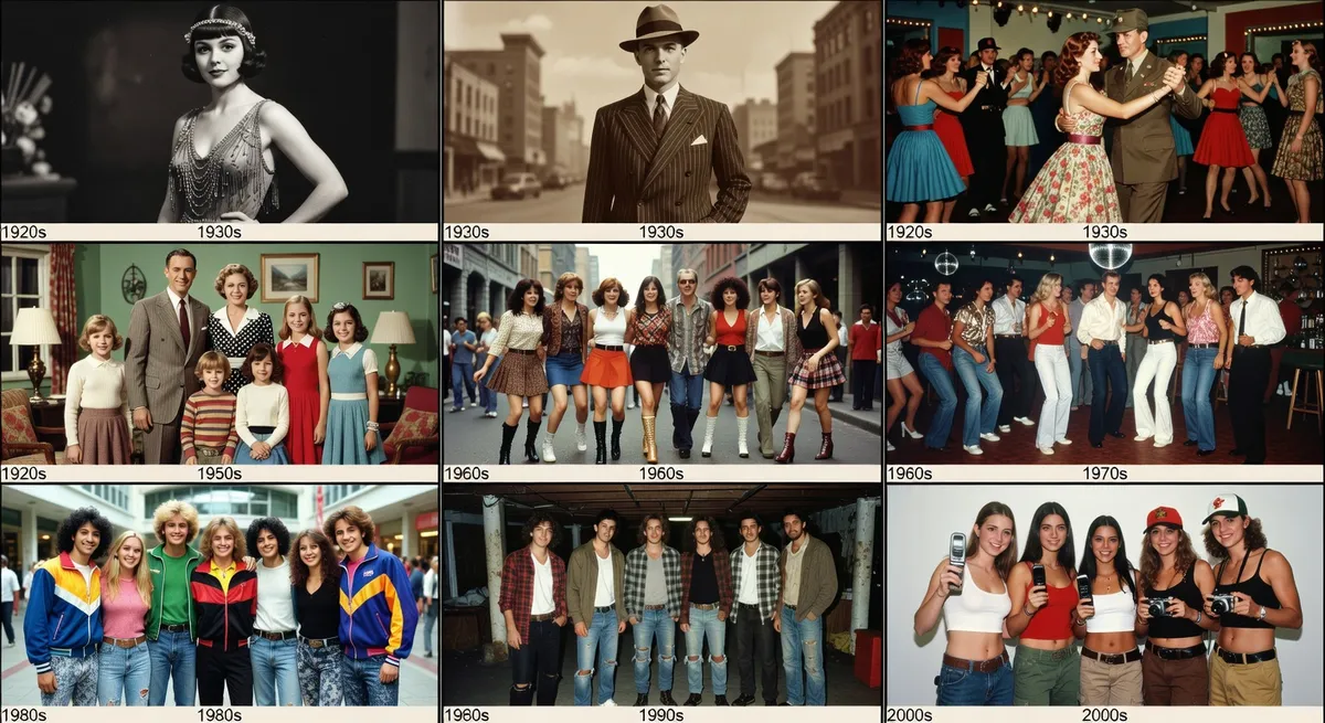 Grid of photos showing different decades 1920s through 2000s created with vintage AI filters, historical fashion and photography styles