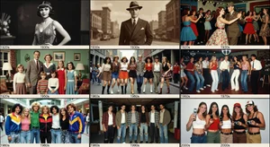 Grid of photos showing different decades 1920s through 2000s created with vintage AI filters, historical fashion and photography styles