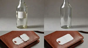 Before and after product photography comparison showing a glass bottle with manufacturer sticker removed by AI tool, revealing clean glass surface underneath, alongside a price tag removal example on leather goods