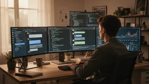 Person working at desk with multiple monitors showing AI chat interfaces and code in warm office lighting