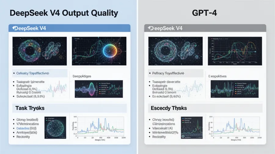 Side-by-side comparison of DeepSeek V4 output quality versus GPT-4 on various task types