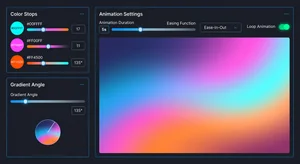 Screenshot of the Cliptics animated gradient generator interface showing color pickers, angle controls, and animation duration settings with a live preview of the gradient