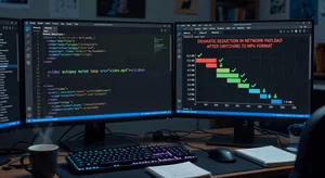 A developer's screen showing code for implementing a video autoplay element alongside browser developer tools showing the dramatic reduction in network payload from switching to MP4 format