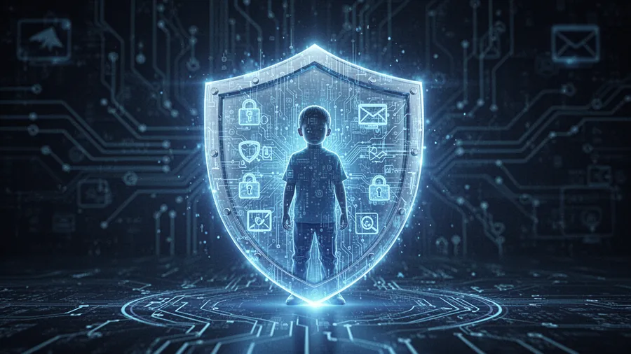 Digital shield protecting child from inappropriate AI content, blue protective tones