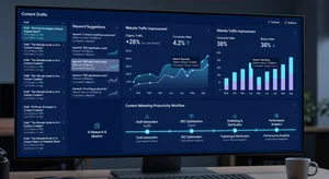 AI writing tools interface showing content drafts and keyword suggestions alongside website traffic improvement graphs, content marketing productivity workflow