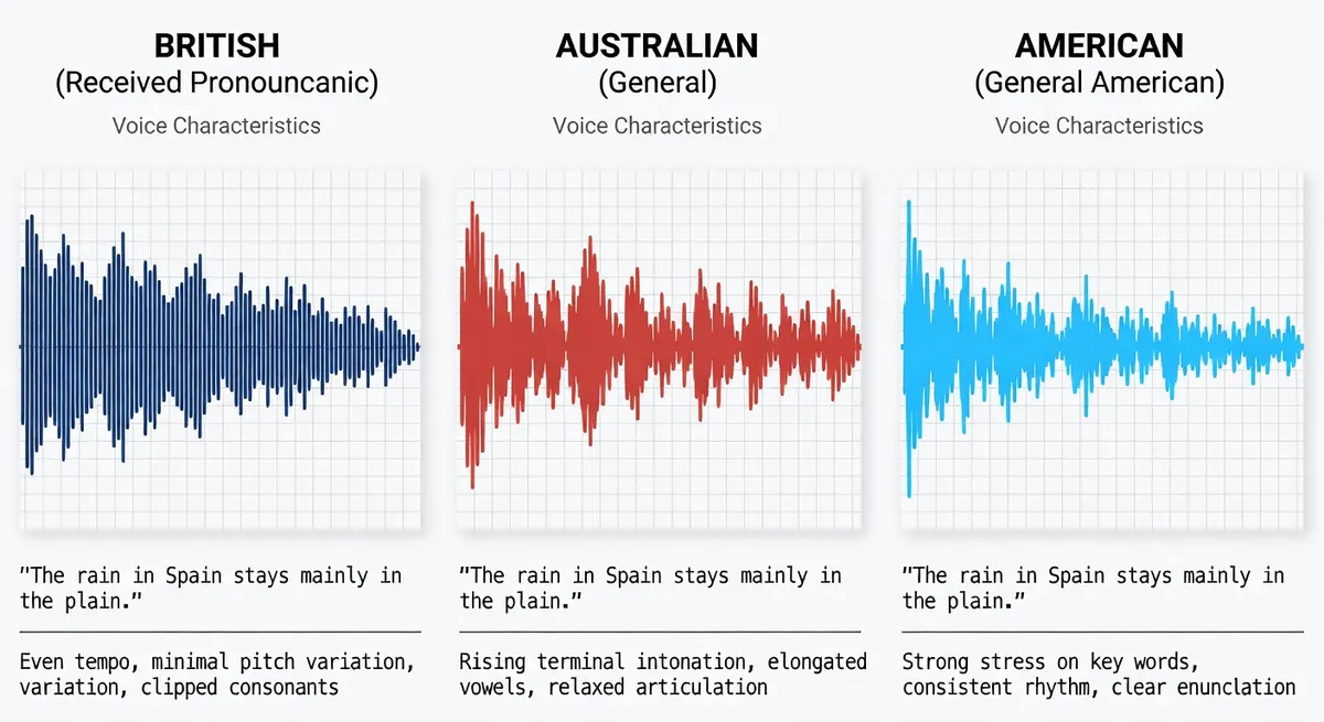 Comparison of different English accent TTS outputs displayed as waveforms, showing British, Australian, and American voice characteristics