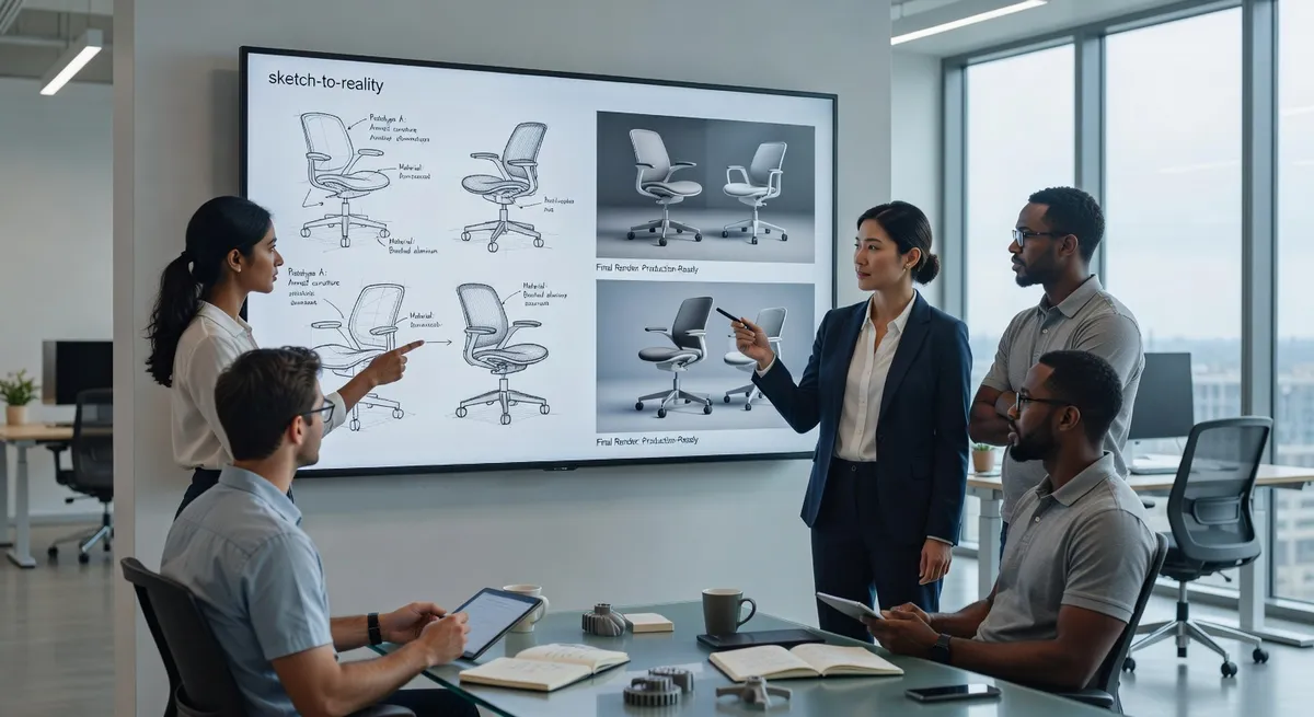 Team collaboration reviewing sketch-to-reality designs on large monitor, multiple product concepts displayed