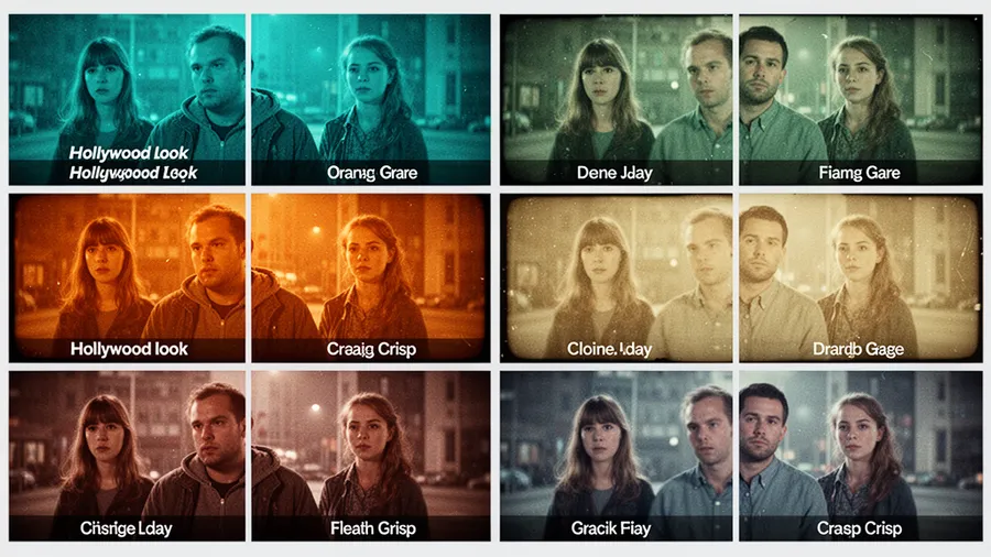 Comparison grid showing different cinematic color grades applied to the same scene
