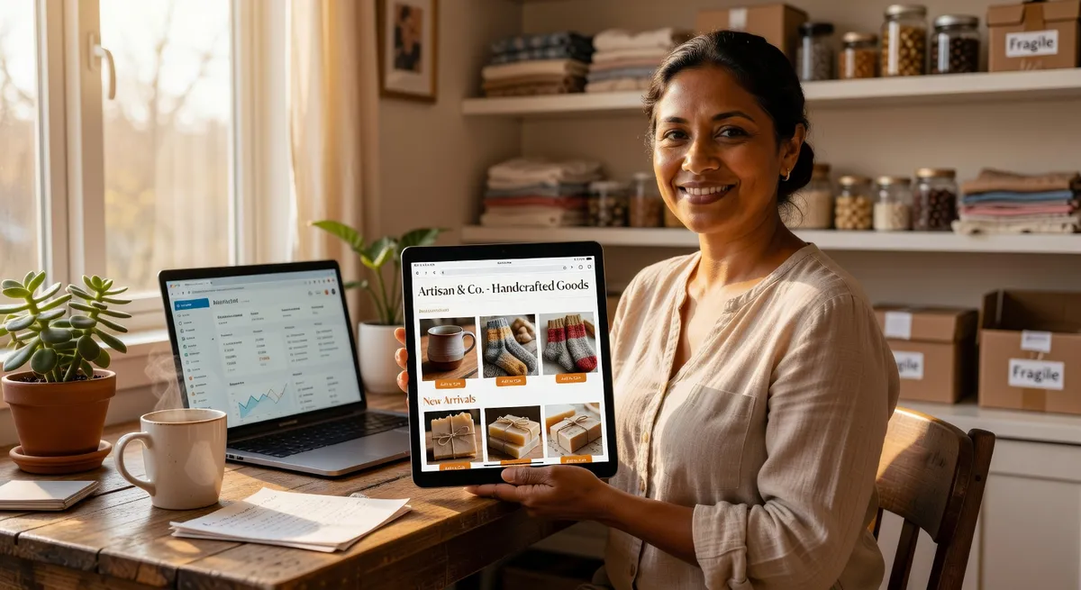 Small business owner reviewing professional product photos on website displayed on tablet, confident and satisfied with results