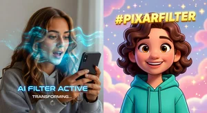 3D avatar and Pixar style AI photo filter transformation showing realistic person becoming animated character, trending social media filter effect